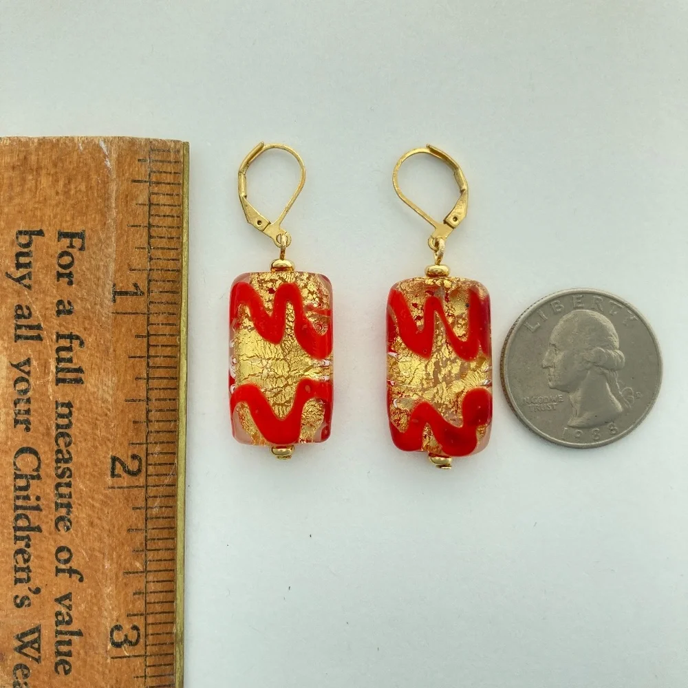 Art Glass Earrings, Handmade, Clear & Red Glass, Genuine Gold, Lamp Work